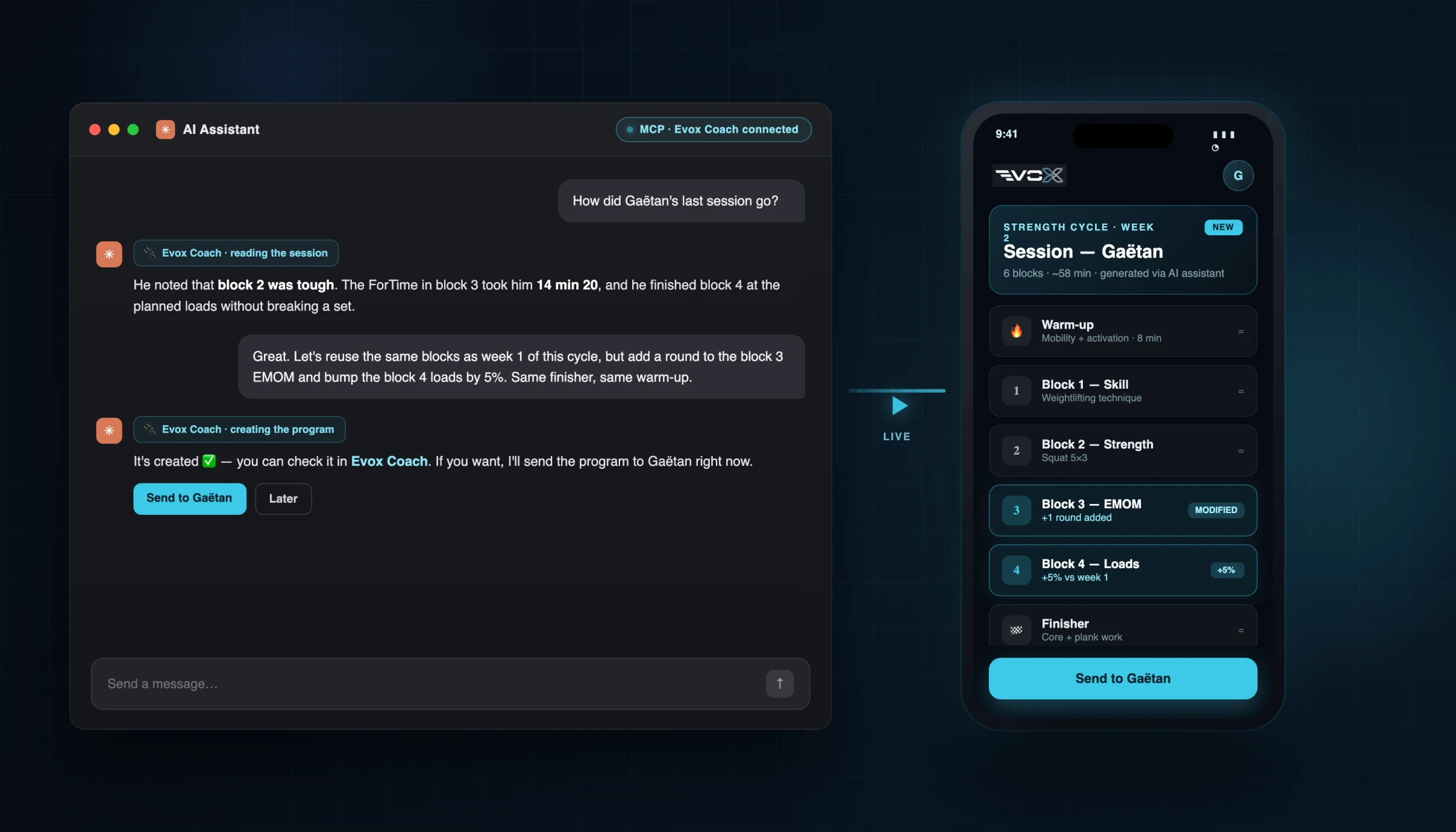 Concept: a coach iterating an athlete's program with their AI, synced to the Evox Coach app
